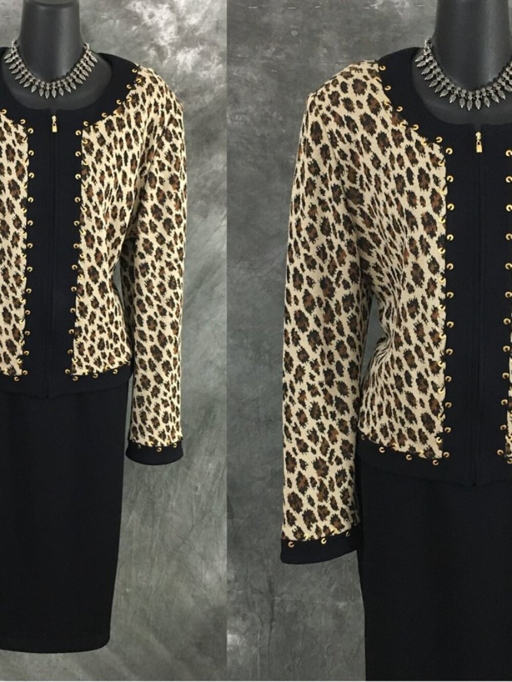 BEAUTIFUL St John collection knit beige black jacket skirt suit size 14